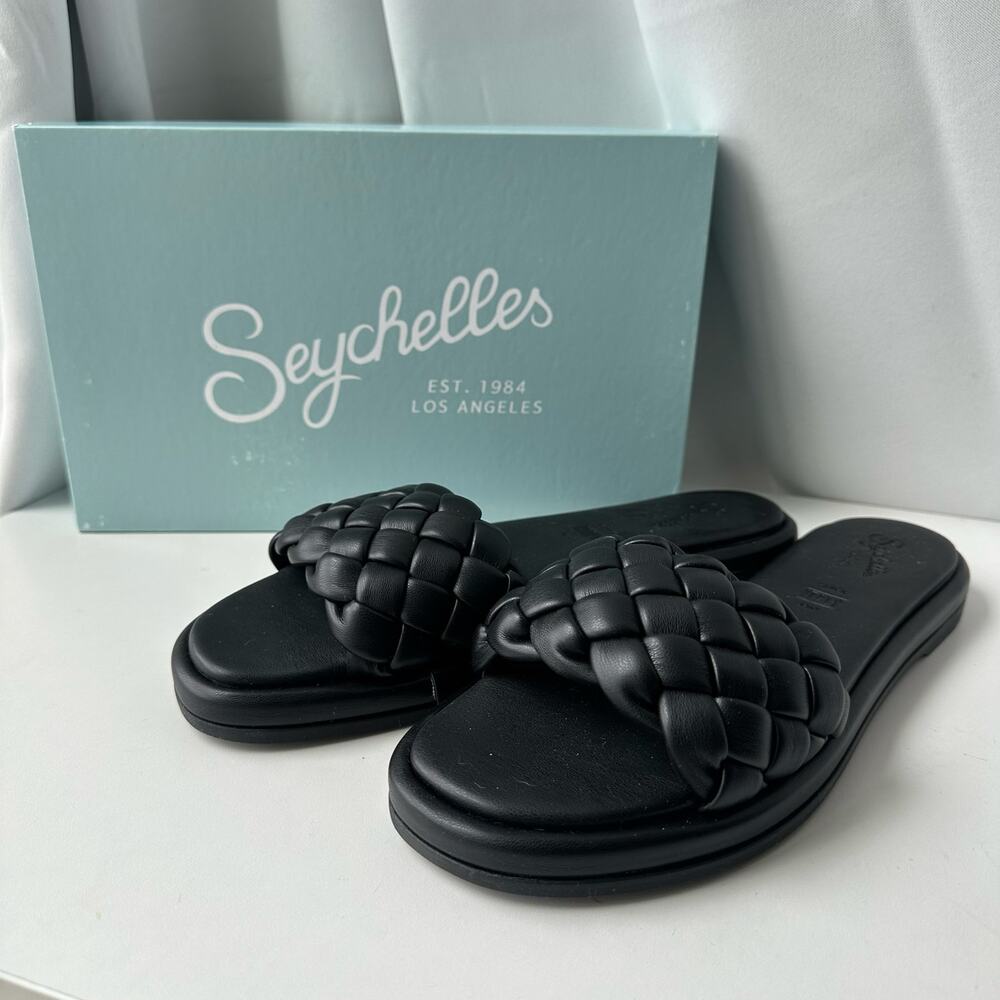 Seychelles (10) Bellissima Black Puffy Woven Leather Slide Sandals- Quiet Luxury